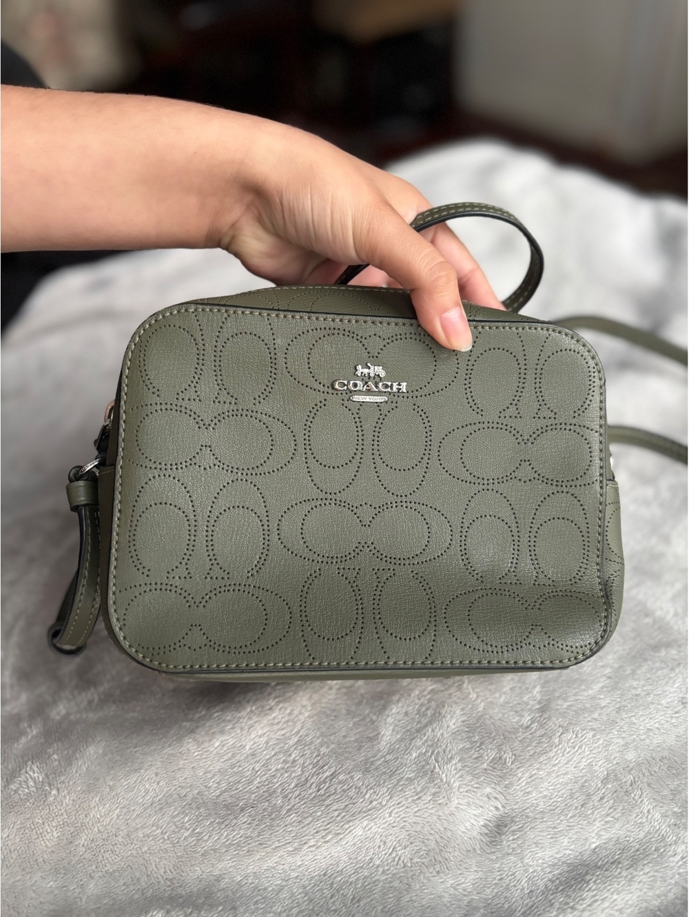 Coach Mini Camera Bag in Perforated Signature Leather - Surplus Olive Green